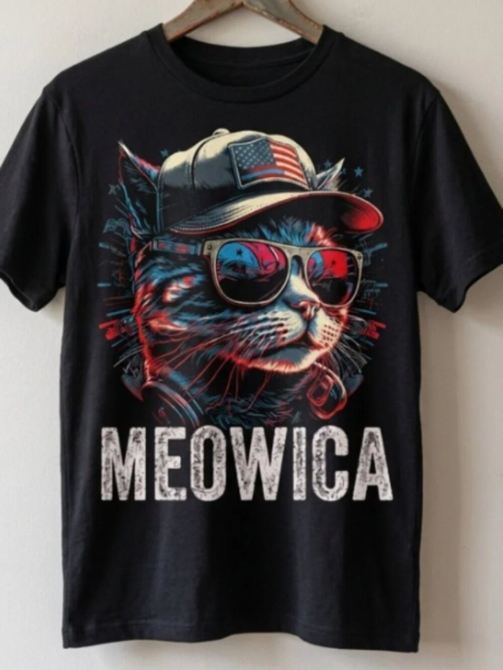 Meowica Patriotic Cat Graphic Tee Vintage USA 4th Of July Funny Shirt